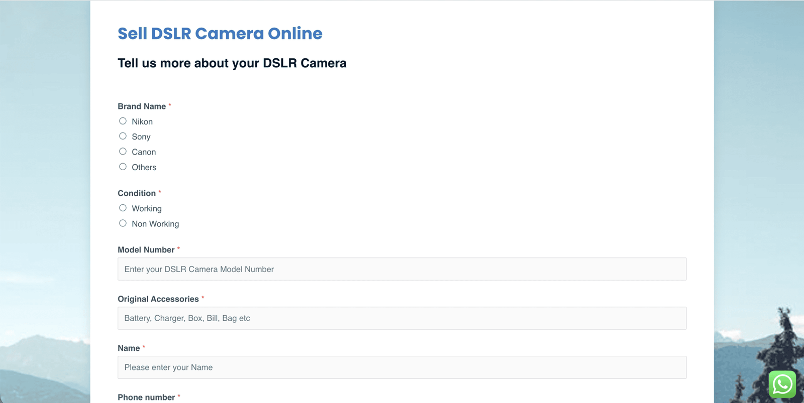 Sell My Camera website interface